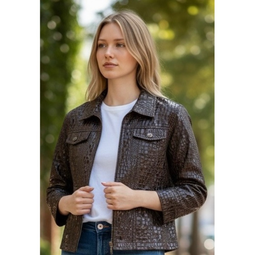 Ruby Rd Womens Brown Metallic Bronze Crocodile Embossed Zip Up Jacket Size 10